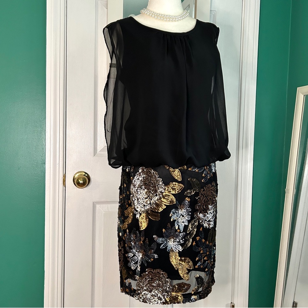 MM Couture Black/Gold/Silver Sequin Dress 6 NWT